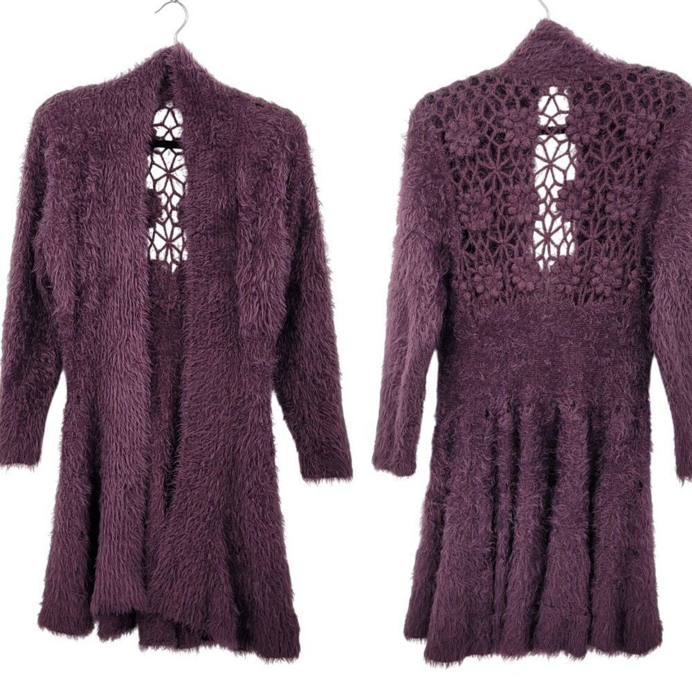 Eyelash Purple Crochet Tunic Cardigan Coatigan M Chic‎ A-line Open Floral Back